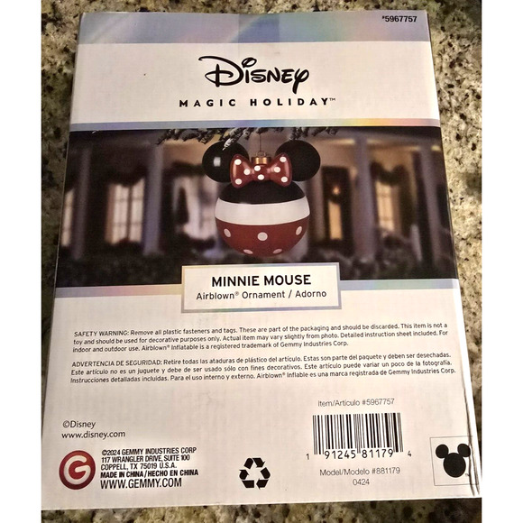 Minnie Mouse Christmas Air Blown Ornament Disney Magic 18" Large Airblown Red - Picture 3 of 8